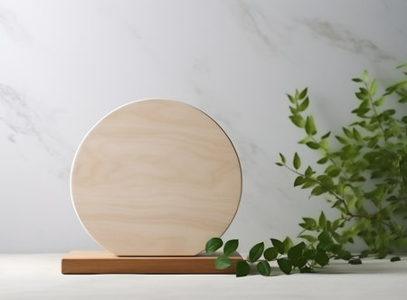 High angl round wooden podium tray on white glossy table counter with tree twig.の素材