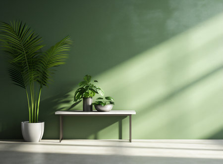 Green empty room with table. Scandinavian interior design.の素材