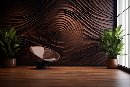 Empty room beautiful wooden wall with trees placed on the floor beside it. High quality illustrationの素材