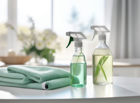 Variety house cleaning product on table. High quality illustrationの素材