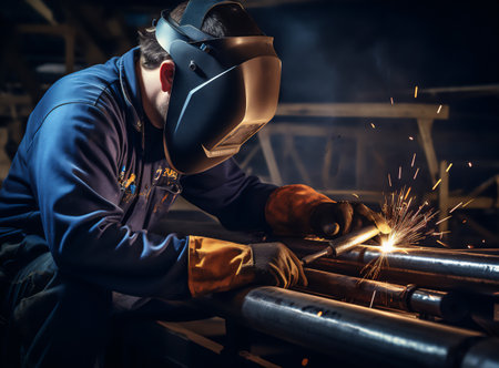 Welding large diameter pipe in workshop conditions by the method of semi-automatic welding in shielding gases. High quality illustrationの素材