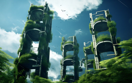 Architecture of the future, a ruined city overgrown with greenery. Concept art, idea for inspiration.の素材