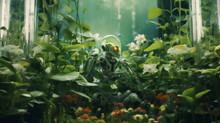 A robot is discovering nature. High quality illustrationの素材