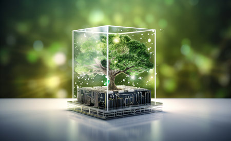 Tree growing on Digital Cube. Digital and Technology Convergence. High quality illustrationの素材