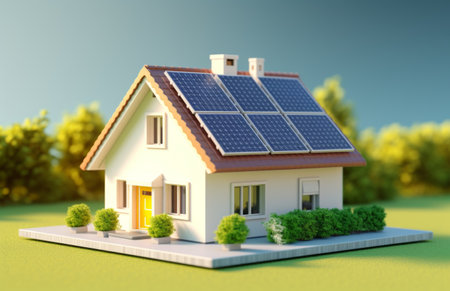 Solar systems house with photovoltaic panels as sustainability concept. High quality illustrationの素材