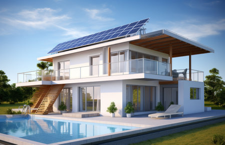 Single family house on a green meadow with solar panels. High quality illustrationの素材