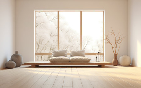 Wooden living room interior with sofa and vase on hardwood floor. . High quality photoの素材