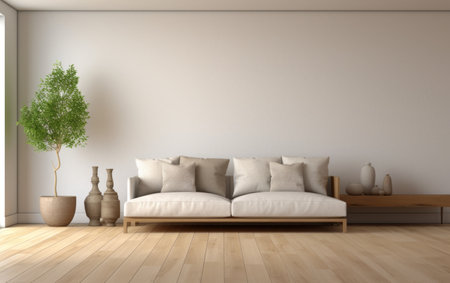 Wooden living room interior with sofa and vase on hardwood floor. . High quality photoの素材