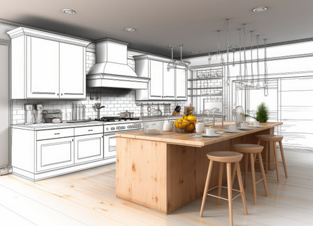Interior sketch of modern kitchen with island. High quality illustrationの素材