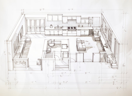 Interior sketch of modern kitchen with island. High quality illustrationの素材