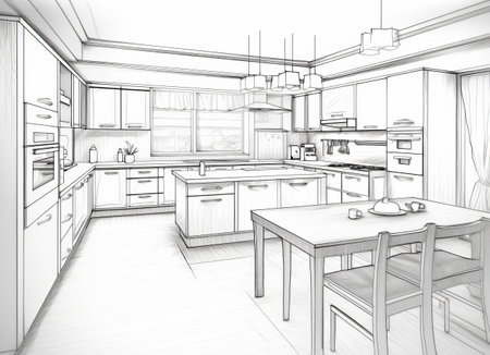 Interior sketch of modern kitchen with island. High quality illustrationの素材