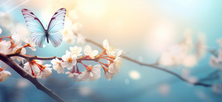 Beautiful wild flowers chamomile, purple wild peas, butterfly in morning haze in nature close-up macro. . High quality photoの素材