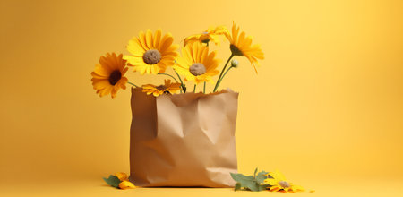 Beautiful flowers of sunflower in a paper basket.の素材