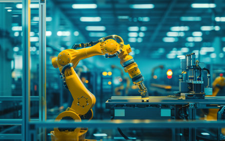 Yellow Industrial Robot Arm at Production Line at Modern Bright Factory. High quality photoの素材
