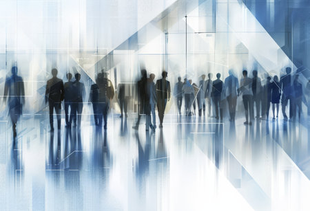 A visually striking painting of people walking in an electric blue hallway, reflecting on symmetry and leisure. This artwork captures the fun and energy of an event in a unique visual arts styleの素材