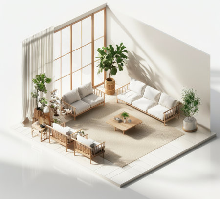 An interior design featuring a couch and houseplants set in a rectangular room with wooden furniture and flowerpots scattered among the plantsの素材