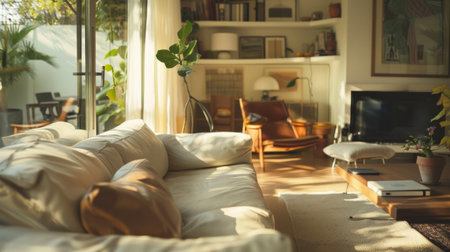 An interior design of a living room in a house with hardwood flooring, a comfortable couch, and a dog laying on it, creating a cozy atmosphereの素材