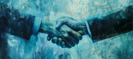 A visual arts piece depicting two men shaking hands under electric blue rain, showcasing the recreation of water patterns through art and scienceの素材