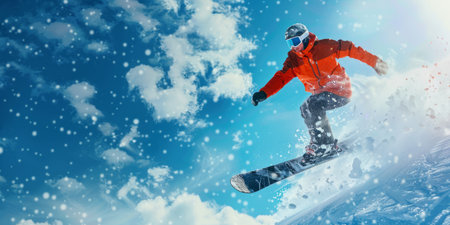 A man is snowboarding down an electric blue snowcovered slope, enjoying leisure and having fun in the recreation while surrounded by cloudsの素材