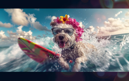 A carnivore dog of a specific breed is having fun riding a surfboard in the water while wearing sunglasses and a flower crown, enjoying leisure water recreation under the cloudsの素材