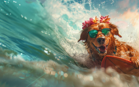 A canine with sunglasses is surfing on a board in the ocean waves, enjoying water recreation with a touch of fun and personal protective equipmentの素材