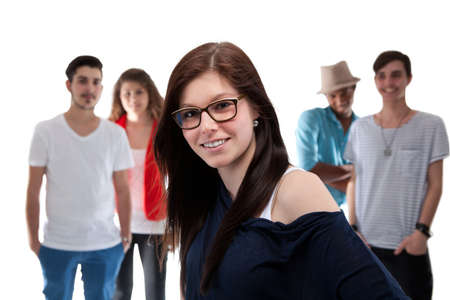 Beautiful Girl Standing In Front Of Her Friends On White Background
の写真素材