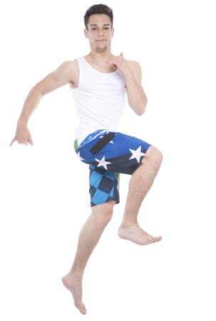 Young Man Gesturing Call Sign On White Backgroundの写真素材