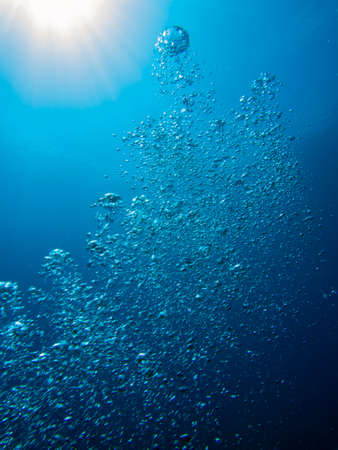 Bubbles from a scuba diver in the ocean rising to the surfaceの写真素材