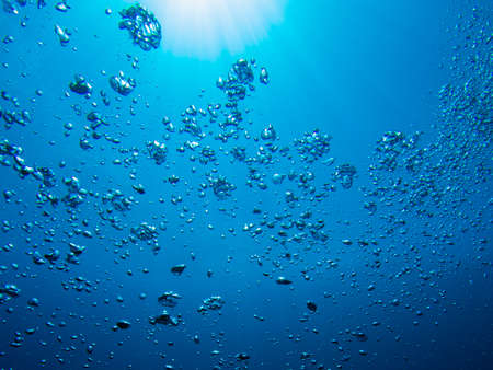 Bubbles from a scuba diver in the ocean rising to the surfaceの写真素材