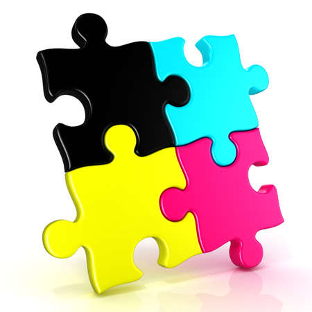 Four CMYK jigsaw puzzle pieces. Isolated on a white backgroundの写真素材