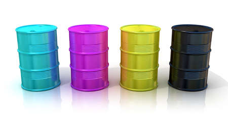 CMYK barrels isolated on white background. Concept of inkjet printing and desk book publishingの写真素材