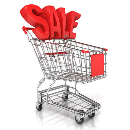 Red shopping cart with sale sign, isolated on white backgroundの写真素材