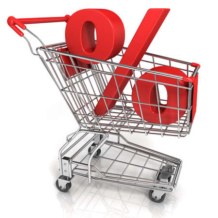 Red shopping cart with percent sign, isolated on white backgroundの写真素材