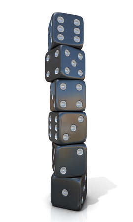Six standing, black game dices, isolated on white backgroundの写真素材