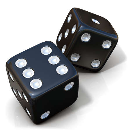 Two black game dices isolated on white backgroundの写真素材