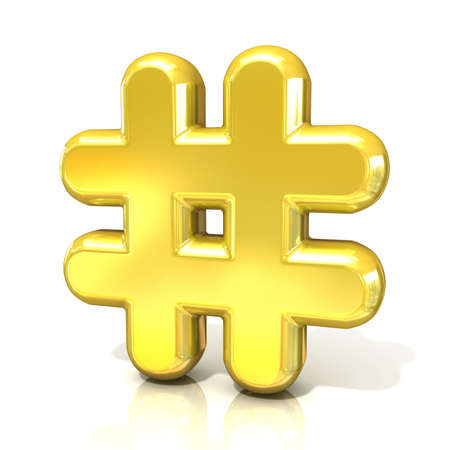 Hashtag, number mark 3d golden sign isolated on white background. Side viewの写真素材
