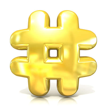 Hashtag, number mark 3d golden sign isolated on white background. Front viewの写真素材