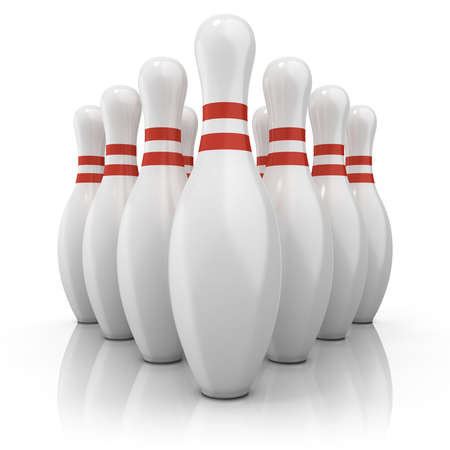 Bowling pins with red stripes, grouped and isolated on white. Front viewの写真素材