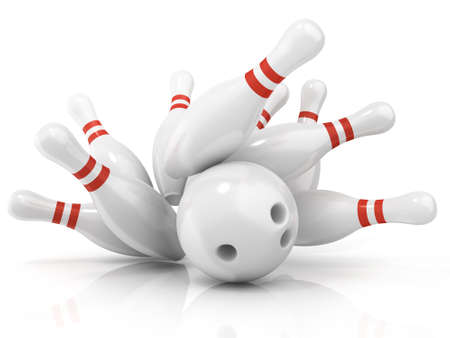 Bowling ball and scattered pin, isolated on white backgroundの写真素材