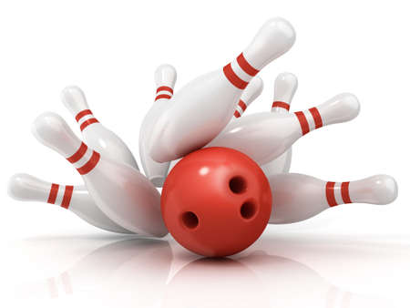 Red bowling ball and scattered pin, isolated on white backgroundの写真素材
