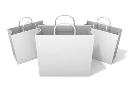 Three empty shopping paper bag, isolated on white. Front viewの写真素材