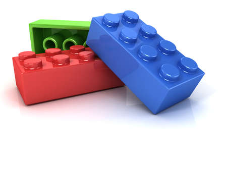 Plastic building blocks, children toy isolated on white backgroundの写真素材