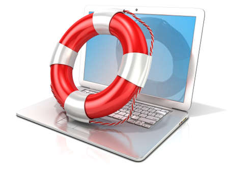 Laptop with lifebuoy. 3D rendering - concept of computer, online help and safety internet surfing. Isolated on white backgroundの写真素材
