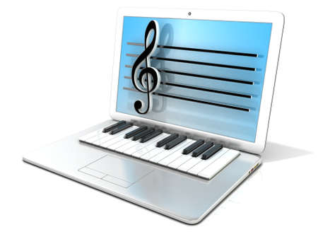 Laptop with piano keyboard. 3D rendering - concept of computer, digitally generated music. Isolated on white backgroundの写真素材