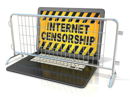 Black laptop with INTERNET CENSORSHIP sign on screen, and steel barricades. 3D rendering isolated on white backgroundの写真素材