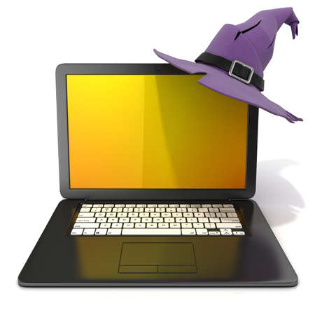 3D rendering of a open black laptop with Halloween colored screen and purple witch hat, with black belt. Isolated on white background. Front viewの写真素材