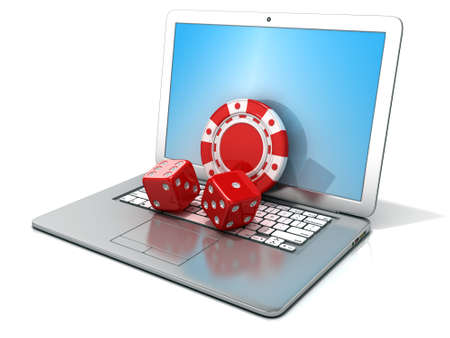 Laptop with red dice and chip. 3D rendering - concept of online gambling. Isolated on white backgroundの写真素材