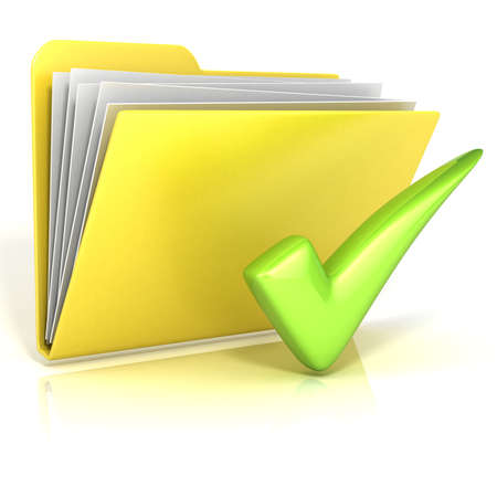 Positive, green check mark folder icon, 3D render illustration, isolated on white backgroundの写真素材