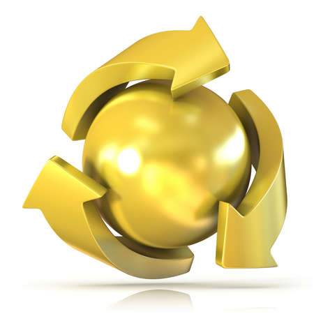 Golden recycle sign three arrows around ball isolated on white backgroundの写真素材