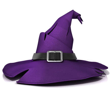 Halloween witch hat. Purple hat with black belt. Isolated on white backgroundの写真素材